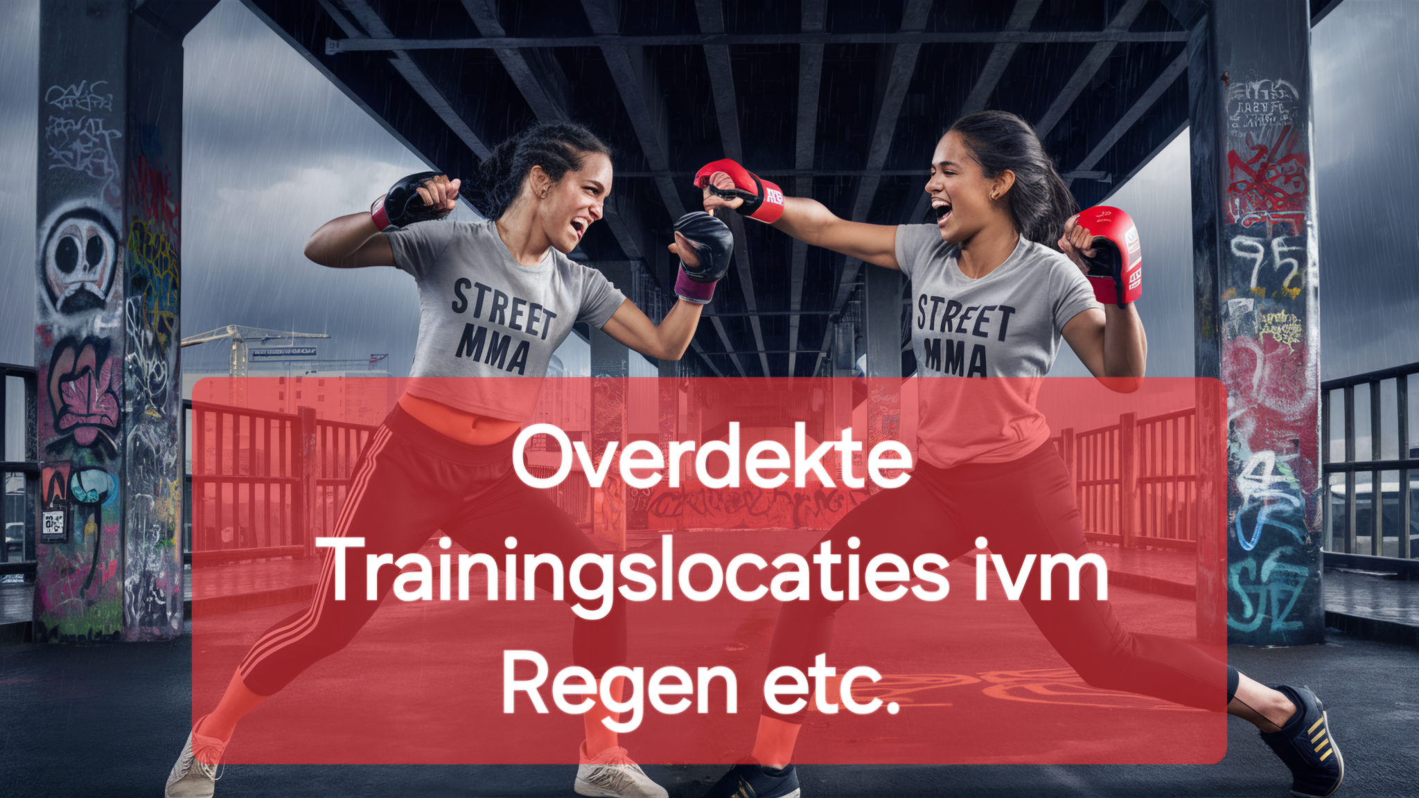 two Dominican wenches, in comfortable workout attire, practicing martial arts under a bridge in Rotterdam. Their shirts display the words "Street MMA," reflecting their love for the discipline. The atmosphere is intense yet fun, with the rain and thunder creating a dramatic backdrop. The bridge is adorned with graffiti saying "street mma" and fierce tiger in japanese style,and urban elements, adding to the vibrant ambiance of the scene. they are safe from rain and thunder because they are under the bridge